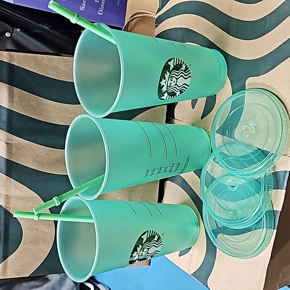 NEW Starbucks Cold Cups 24 oz. Aqua Green with glitter. Set of 3